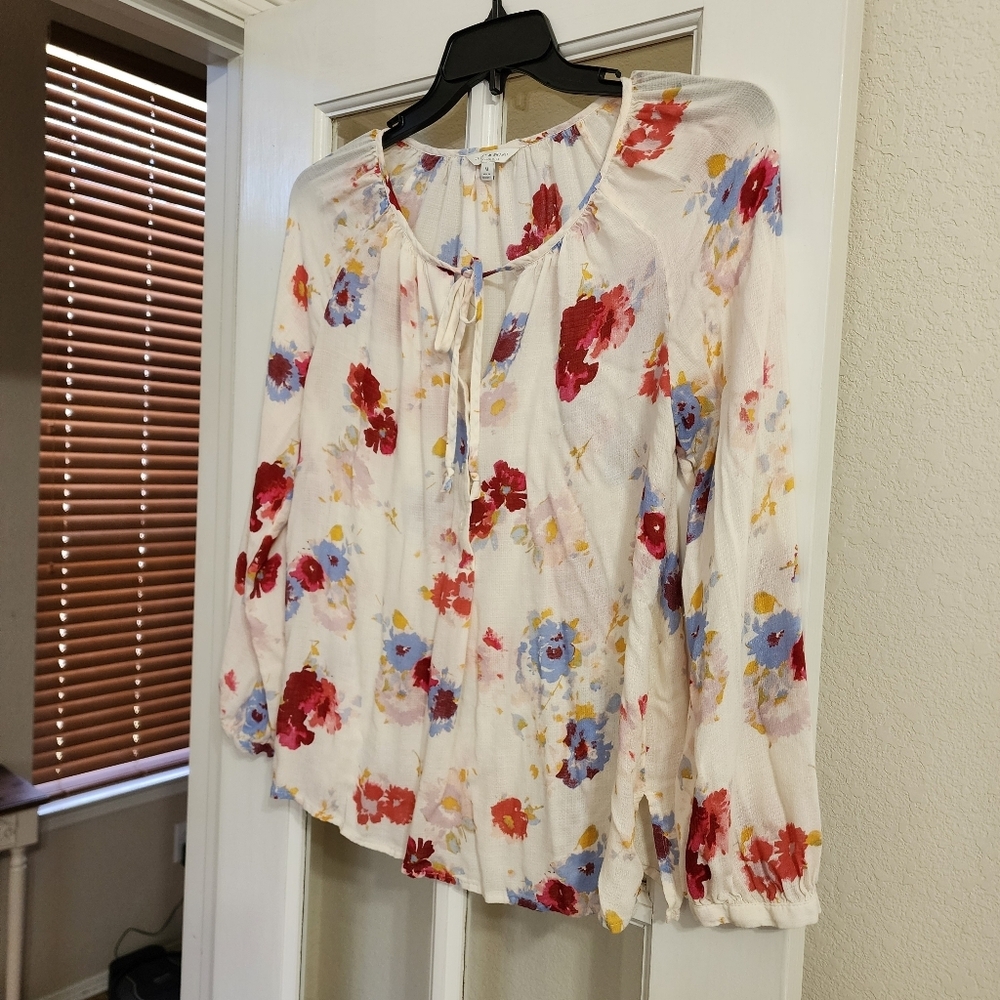 Lucky Brand Floral Blouse Medium Ivory Tie Front Long Sleeve Boho - Picture 2 of 14